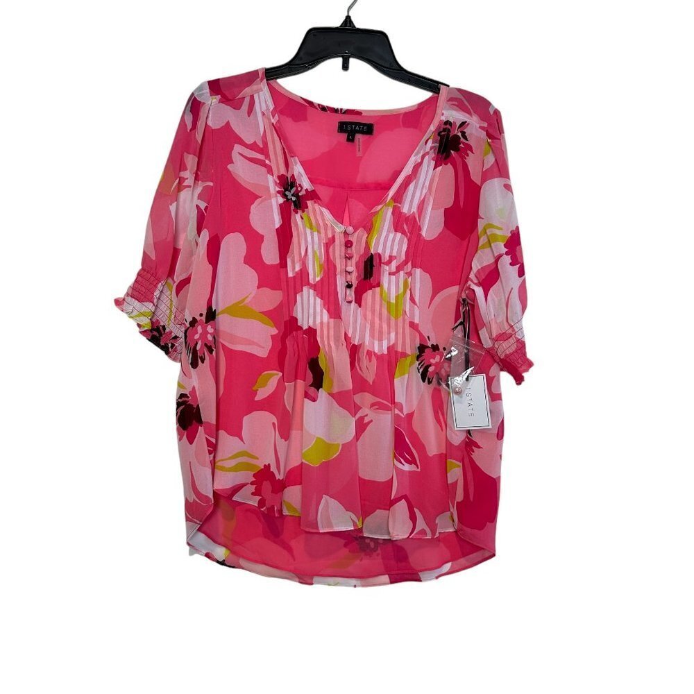 1. State Pink Multi-Color Floral V-Neck Pleated Blouse - Picture 2 of 6